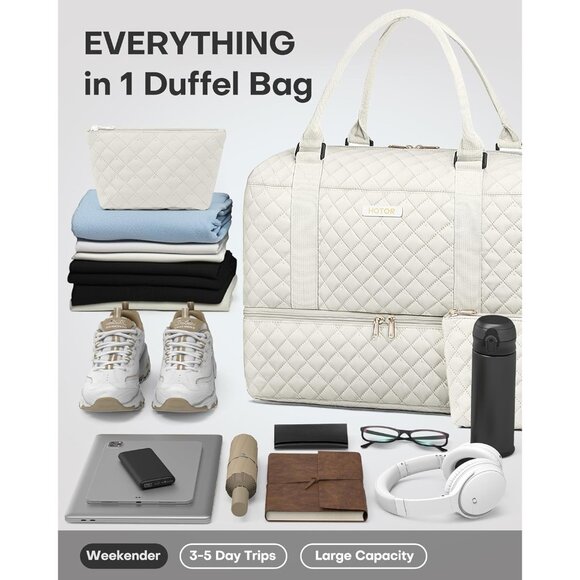 Hotor Women Beige Large Overnight with Shoe Compartment Travel Duffel Bag - Picture 3 of 7